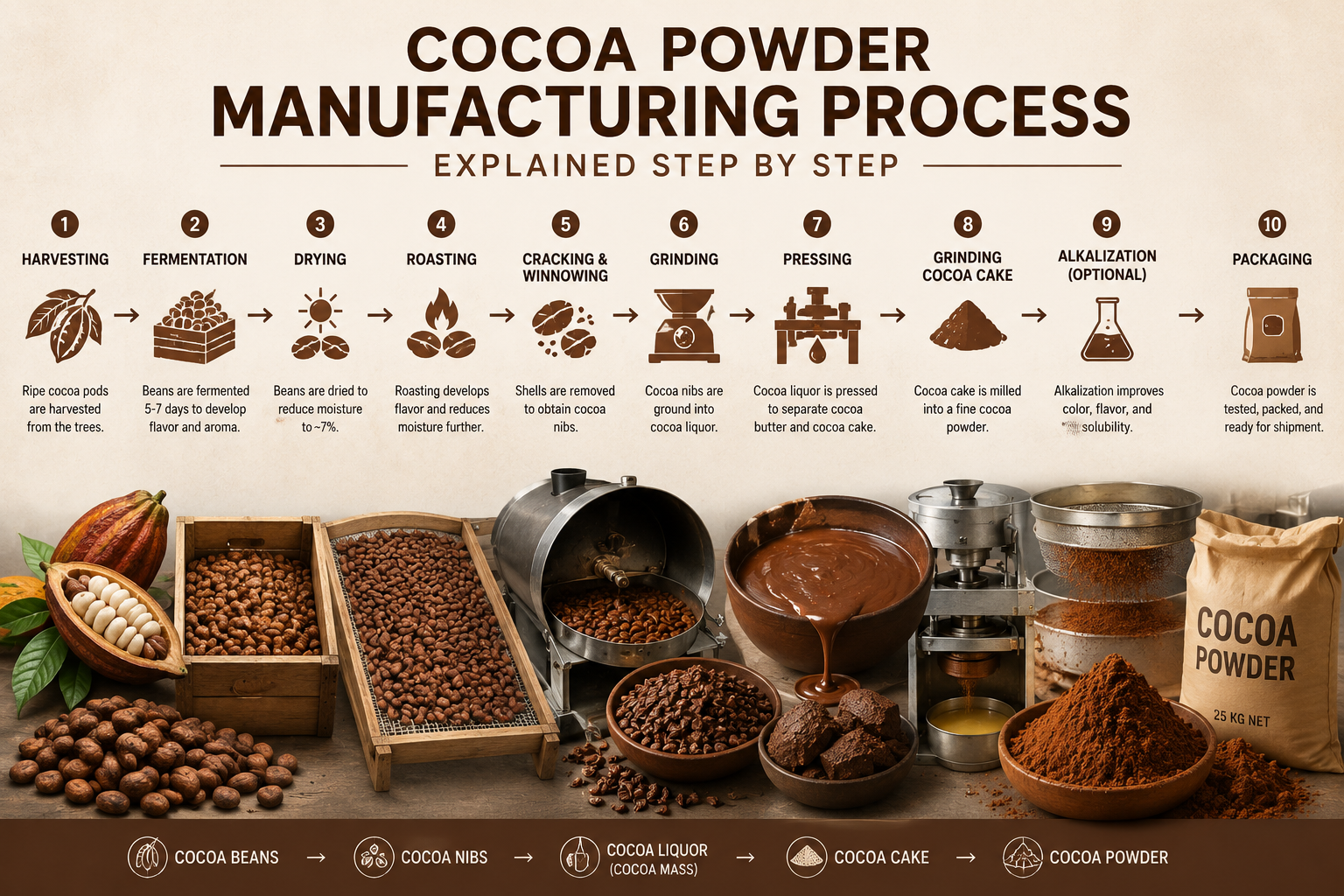 Step-by-step cocoa powder manufacturing process showing cocoa bean harvesting, fermentation, drying, roasting, grinding, cocoa butter extraction, and cocoa powder production.