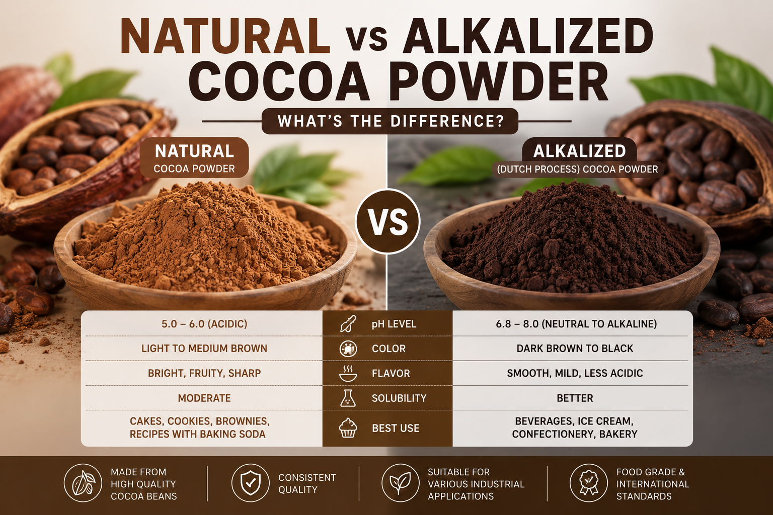 Comparison between natural cocoa powder and alkalized (Dutch-process) cocoa powder, highlighting differences in color, pH, flavor, solubility, and industrial applications.
