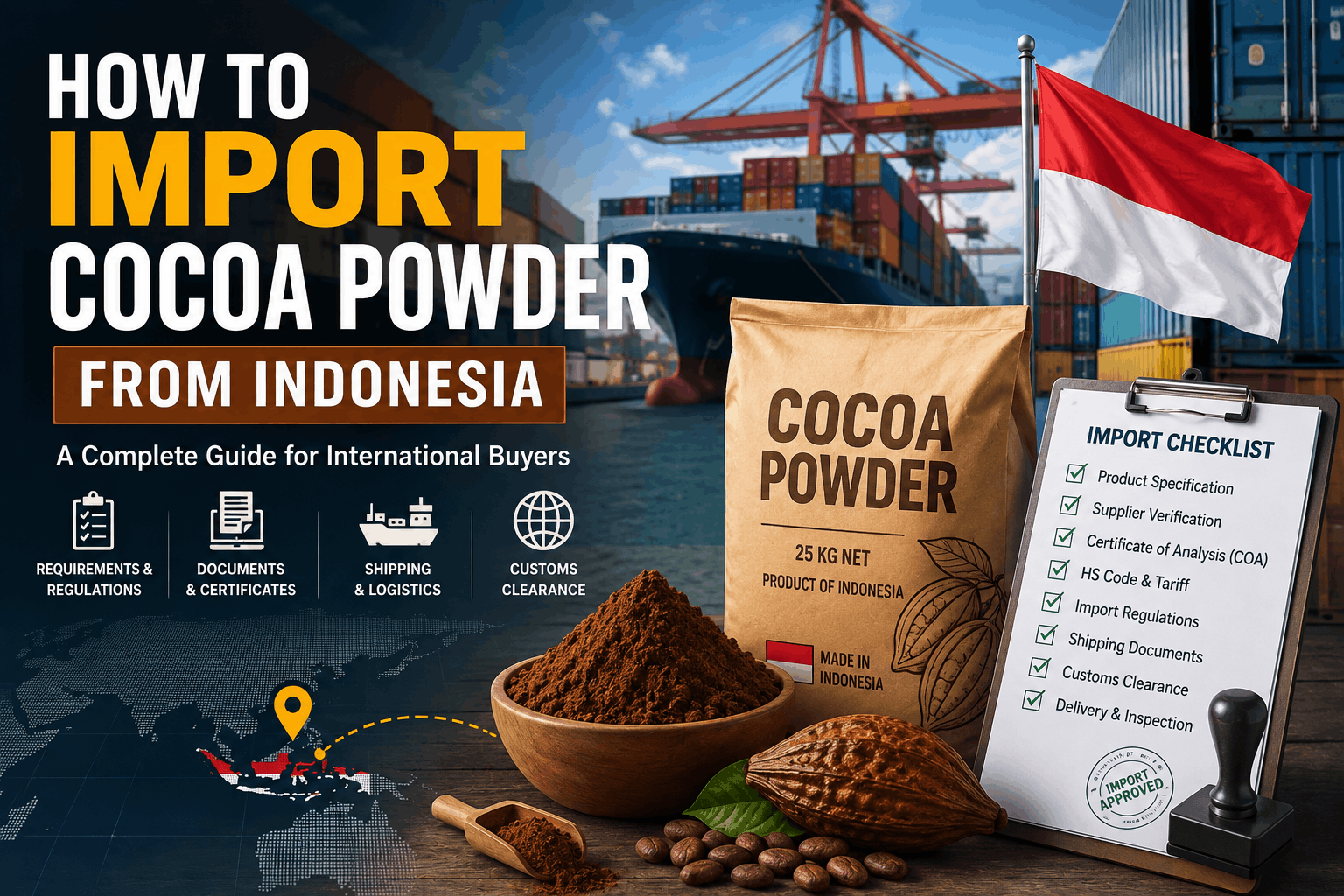 How to import cocoa powder from Indonesia with export containers, cocoa powder packaging, shipping logistics, and import checklist