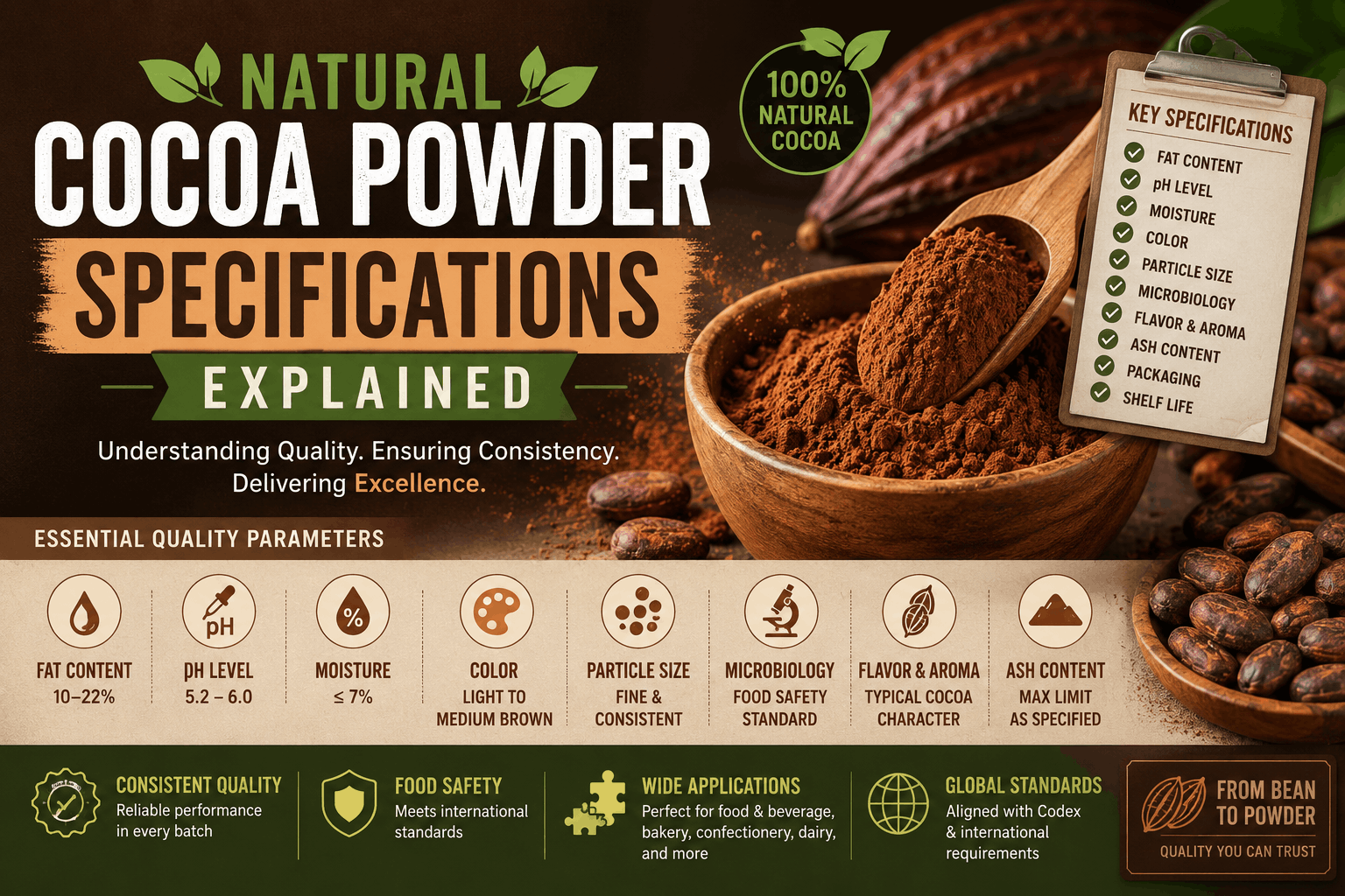 Natural cocoa powder specifications including fat content, pH, moisture, color, particle size, and microbiology