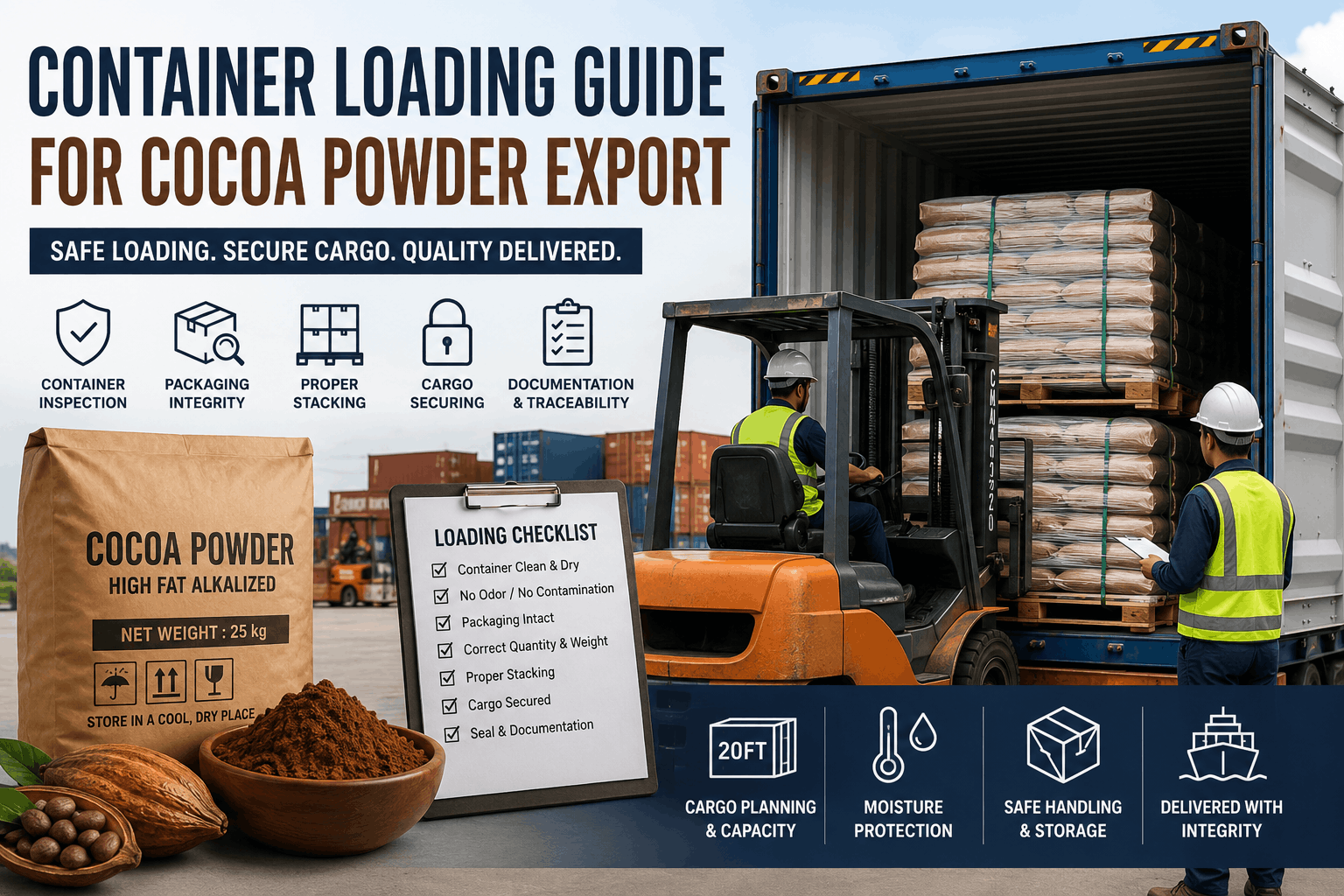 Container loading guide for cocoa powder export showing palletized cocoa powder bags, forklift handling, cargo securing, and container inspection