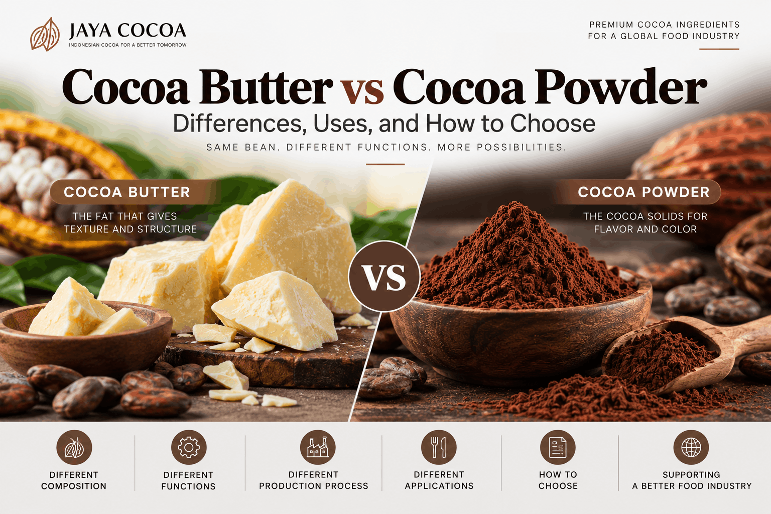 Cocoa butter vs cocoa powder showing their different composition, functions, and food applications