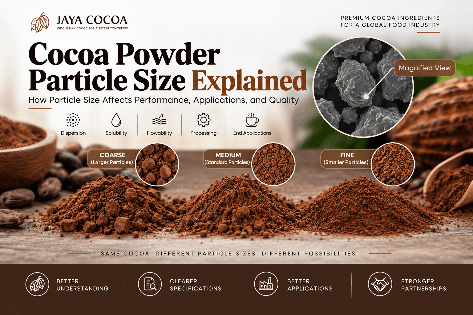 Cocoa powder particle size comparison showing coarse, medium, and fine particles and their effect on food applications