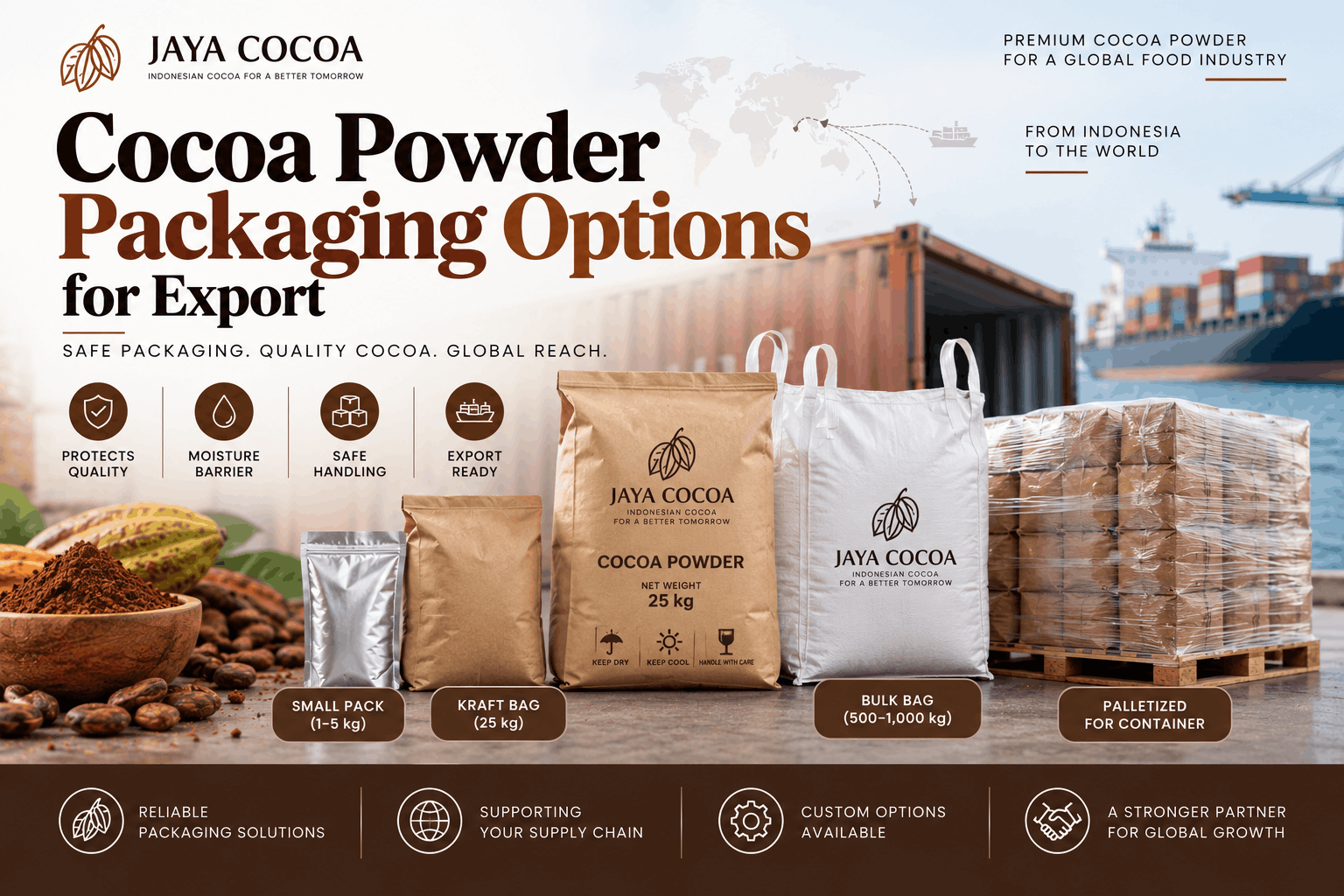 Cocoa powder packaging options for export including kraft bags, bulk bags, and palletized containers