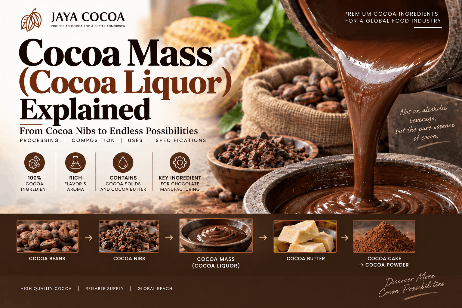 Cocoa mass (cocoa liquor) made from cocoa nibs and used in chocolate manufacturing