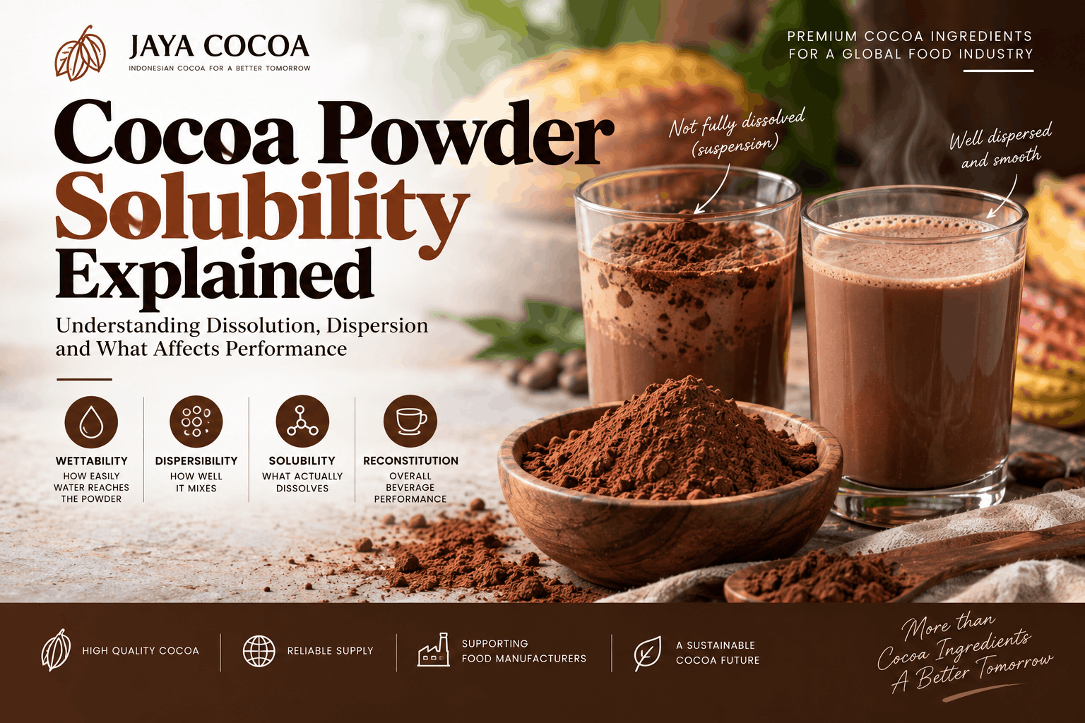 Cocoa powder solubility and dispersion in water showing suspended and well-dispersed cocoa