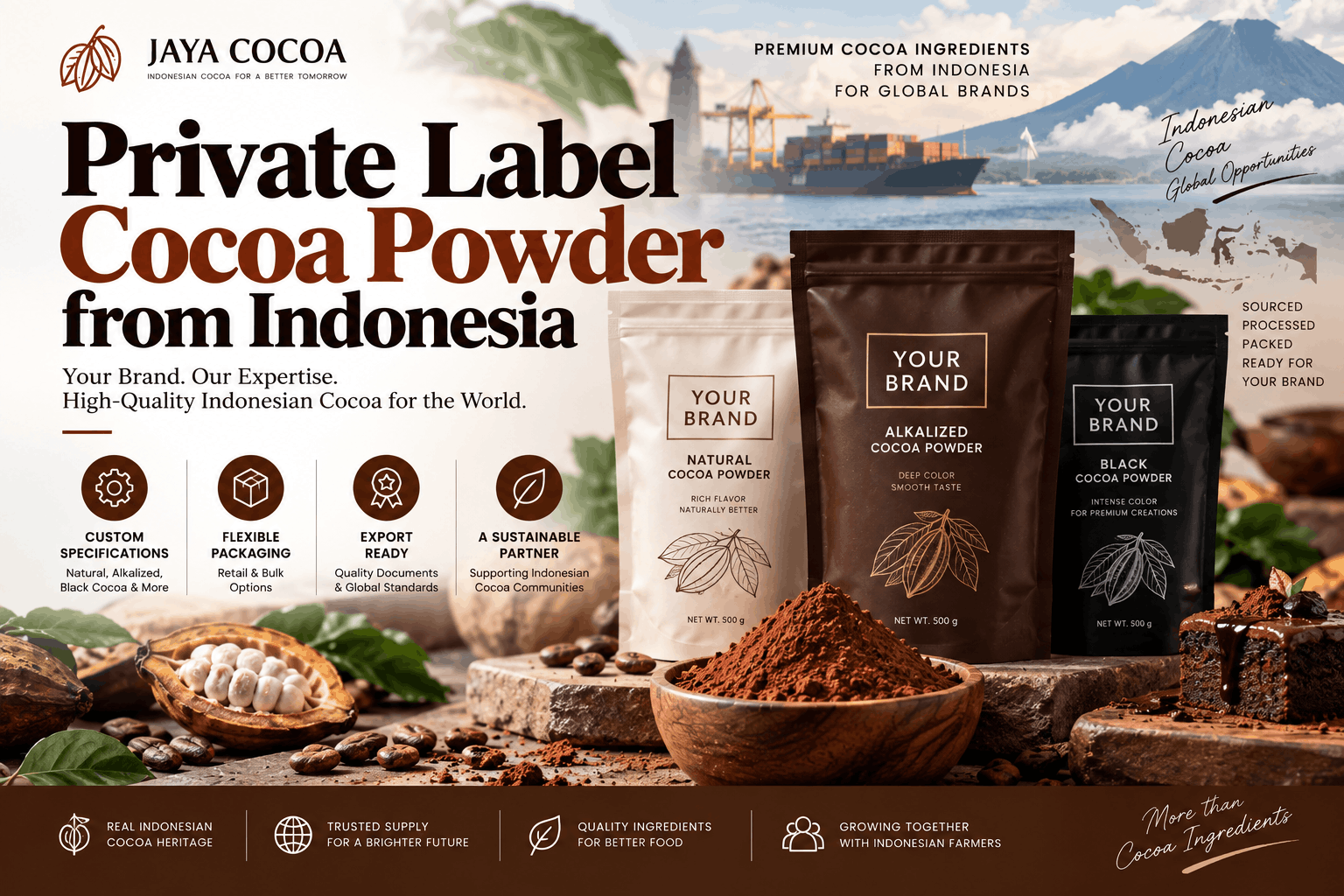 Private label cocoa powder from Indonesia with customized packaging for global brands