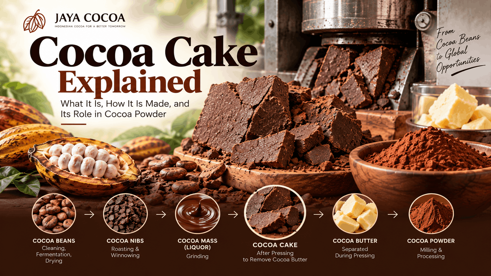 Cocoa cake produced from cocoa mass during pressing and used to make cocoa powder