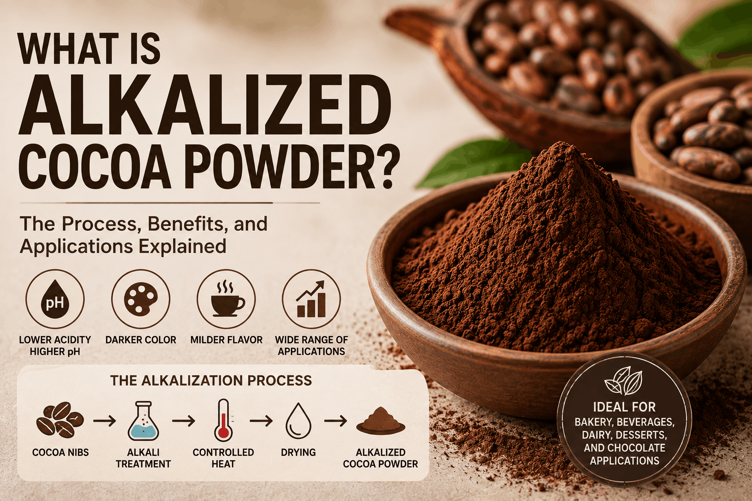 Alkalized cocoa powder showing the alkalization process, darker color, and food applications