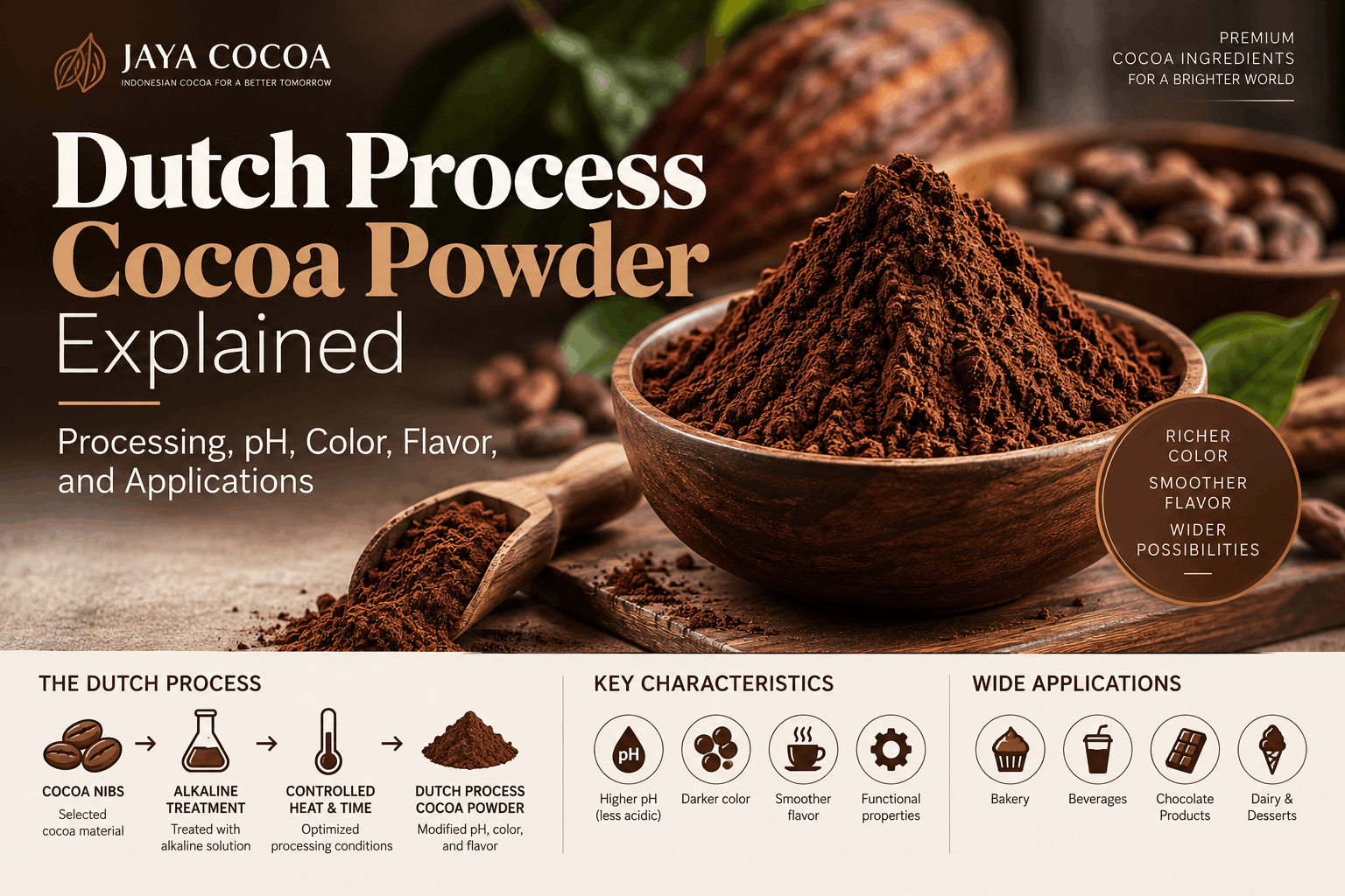 Dutch process cocoa powder showing cocoa alkalization, key characteristics, and food applications