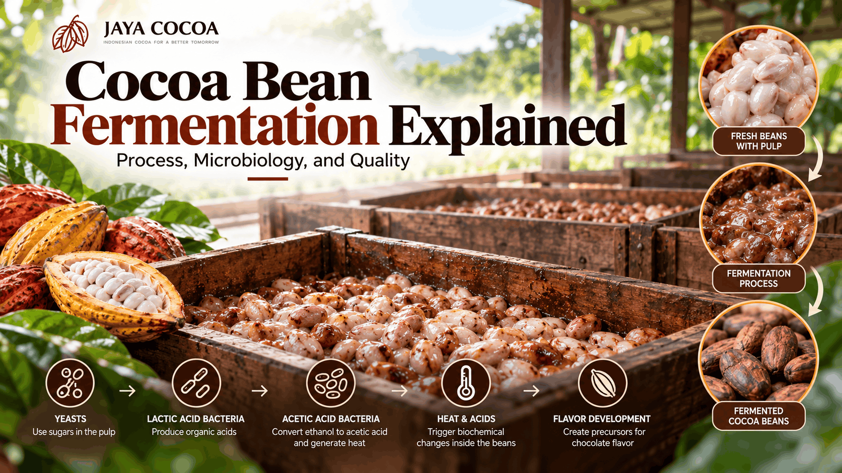 Cocoa bean fermentation in wooden boxes showing fresh cocoa beans, fermentation stages, and flavor development
