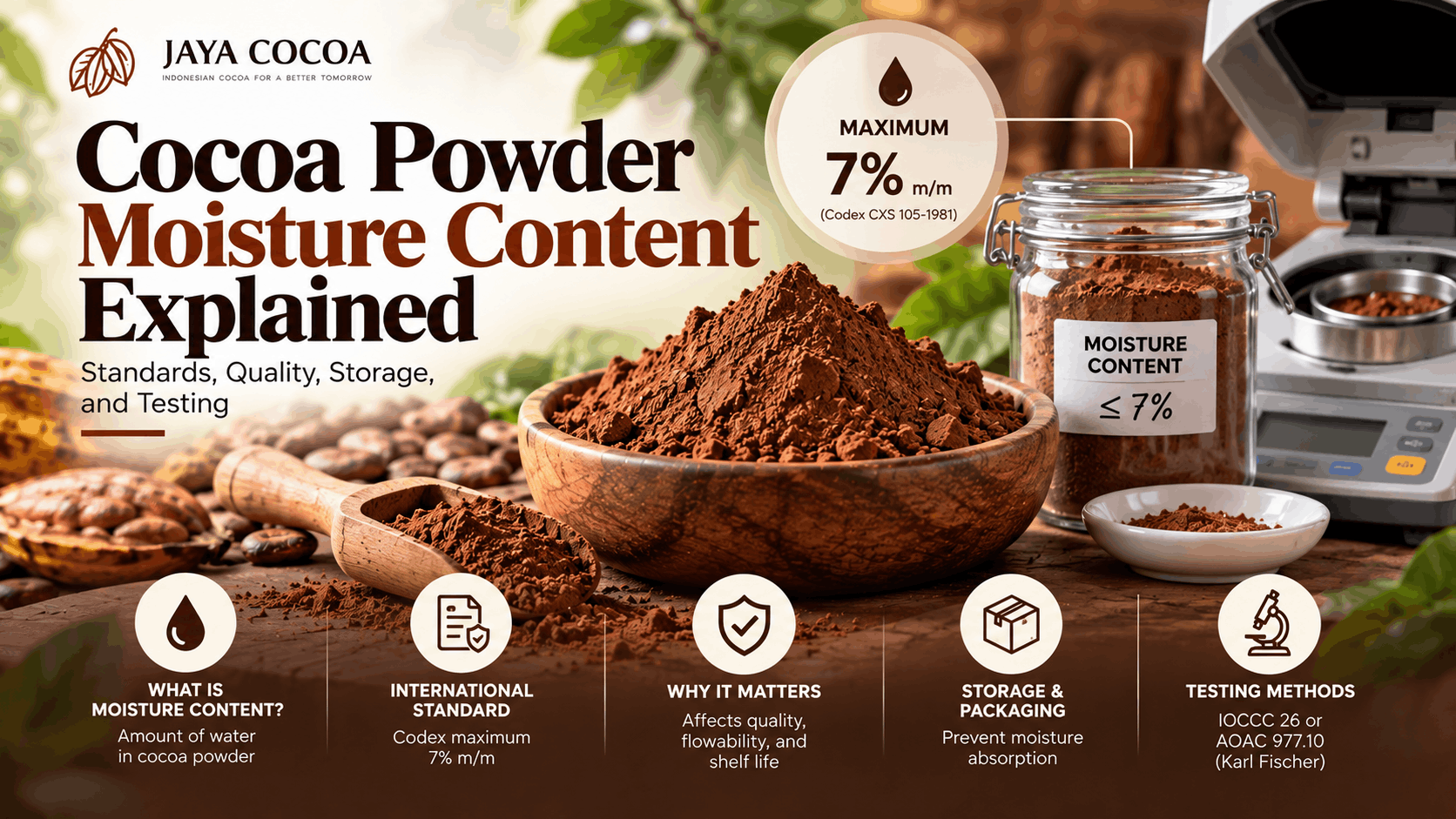 Cocoa powder moisture content showing the 7% maximum Codex standard and moisture testing