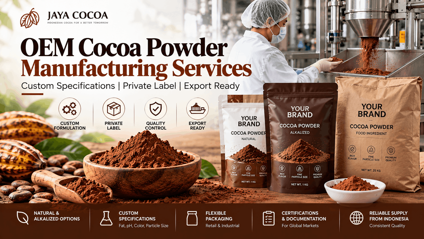 OEM cocoa powder manufacturing services in Indonesia with custom specifications and private label packaging