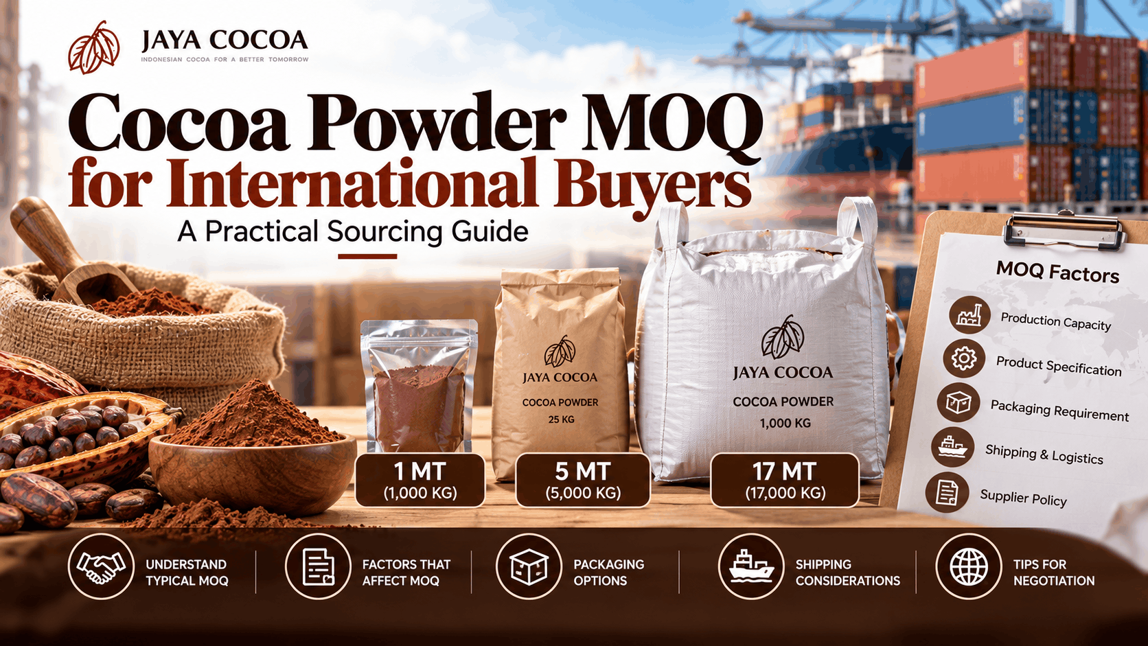 Cocoa powder minimum order quantities for international buyers, showing export packaging and shipment options