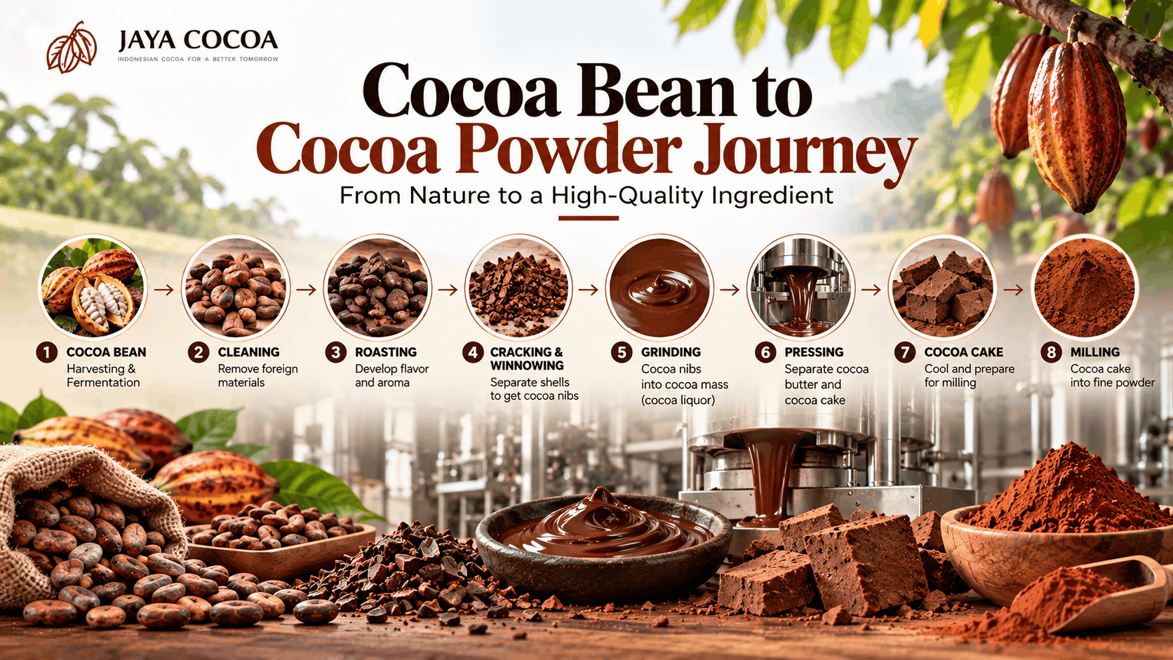 Cocoa bean to cocoa powder manufacturing process from harvesting and roasting to pressing and milling