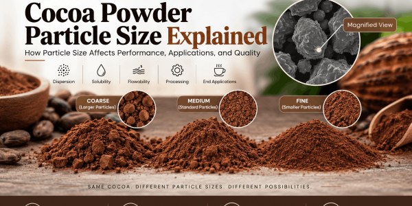 Cocoa powder particle size comparison showing coarse, medium, and fine particles and their effect on food applications
