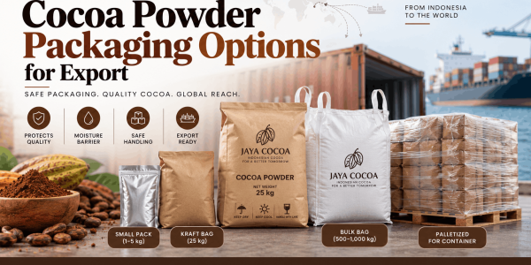Cocoa powder packaging options for export including kraft bags, bulk bags, and palletized containers