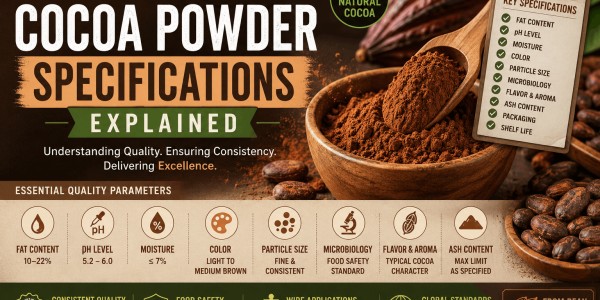 Natural cocoa powder specifications including fat content, pH, moisture, color, particle size, and microbiology