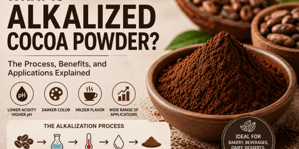 Alkalized cocoa powder showing the alkalization process, darker color, and food applications