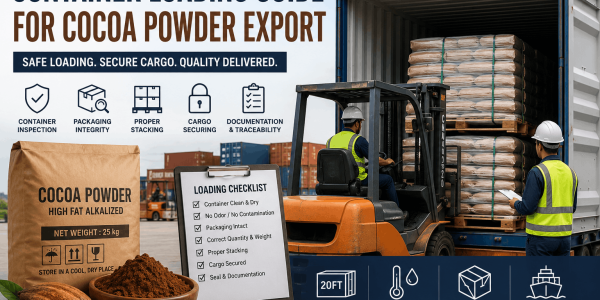 Container loading guide for cocoa powder export showing palletized cocoa powder bags, forklift handling, cargo securing, and container inspection