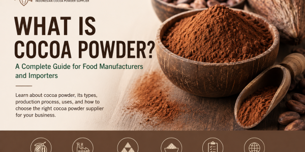 High-quality cocoa powder with cocoa beans illustrating what cocoa powder is and its production for food manufacturers and importers.