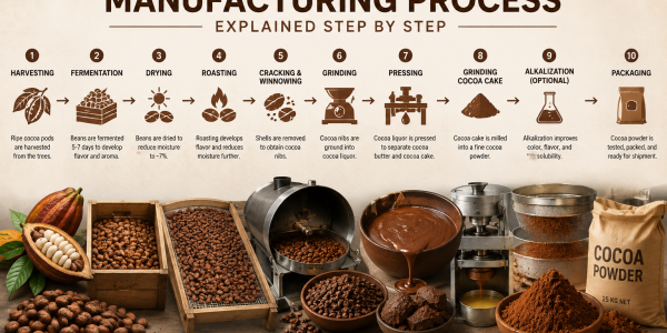 Step-by-step cocoa powder manufacturing process showing cocoa bean harvesting, fermentation, drying, roasting, grinding, cocoa butter extraction, and cocoa powder production.