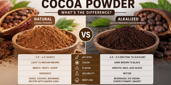 Comparison between natural cocoa powder and alkalized (Dutch-process) cocoa powder, highlighting differences in color, pH, flavor, solubility, and industrial applications.